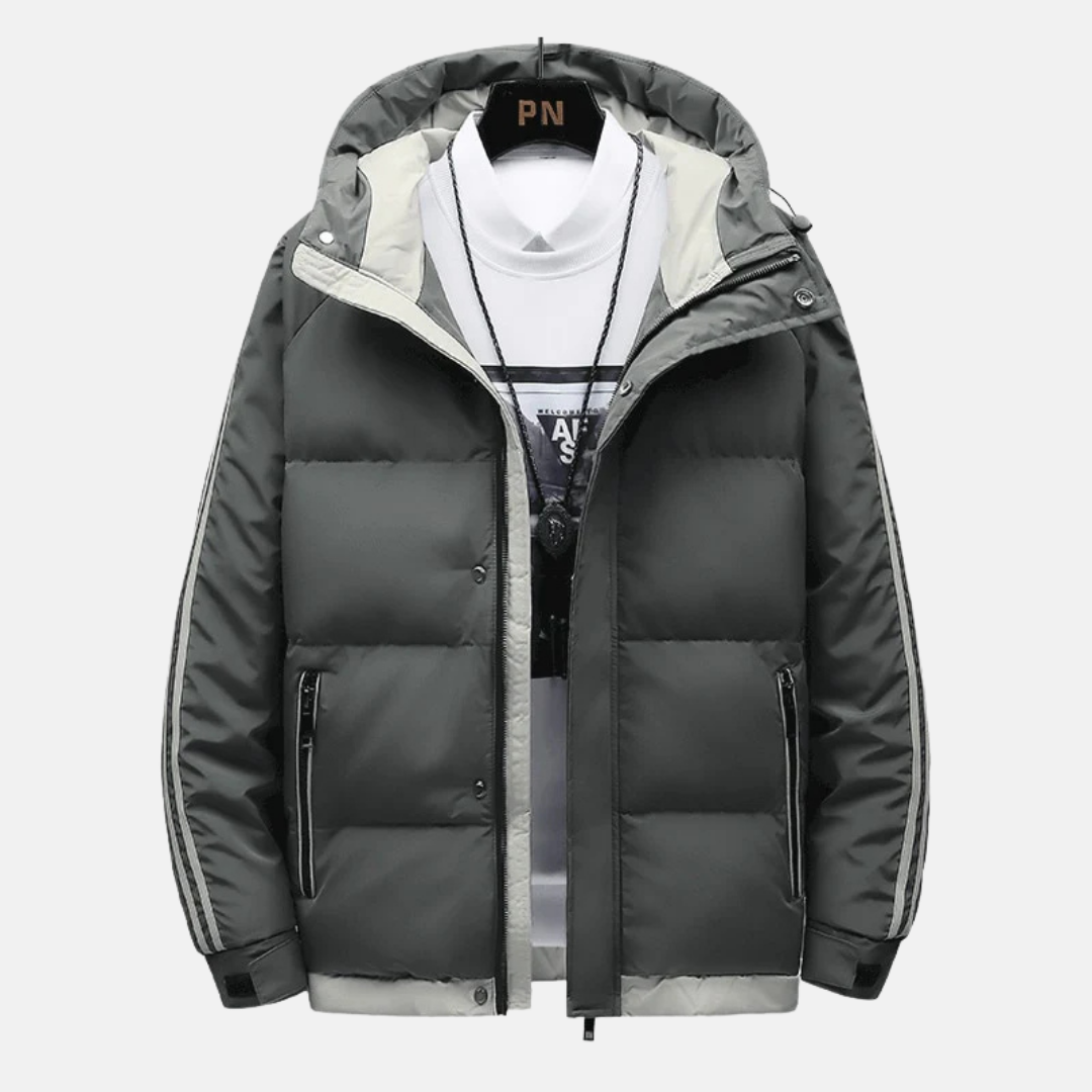 Noah Quilted Hooded Puffer Jacket | Striped Sleeves Front Pockets Puffer Jacket