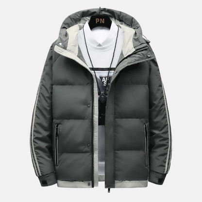 Noah Quilted Hooded Puffer Jacket | Striped Sleeves Front Pockets Puffer Jacket