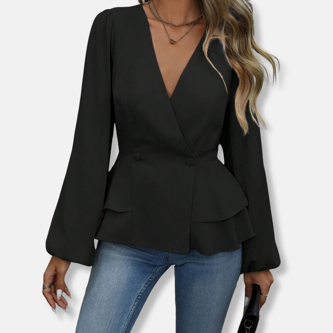 Women’s Blouse – Slim Fit – Wrap Front – Double-Breasted – Bishop Sleeve Peplum
