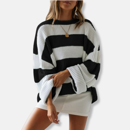 Olivia Cotton Oversized Sweater | Striped Ribbed Crewneck Sweater