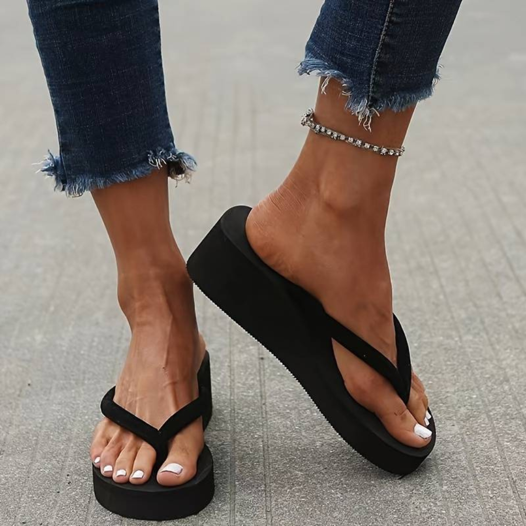 Women’s Platform Wedge Flip-Flops – Cushioned Sole – Wide Strap Thong Sandals