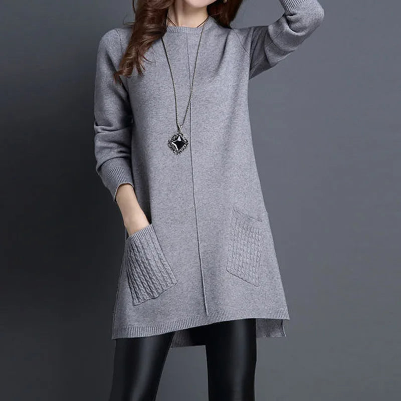 Aurora Relaxed Fit Sweater Dress | Crewneck Long Sleeve Sweater Dress