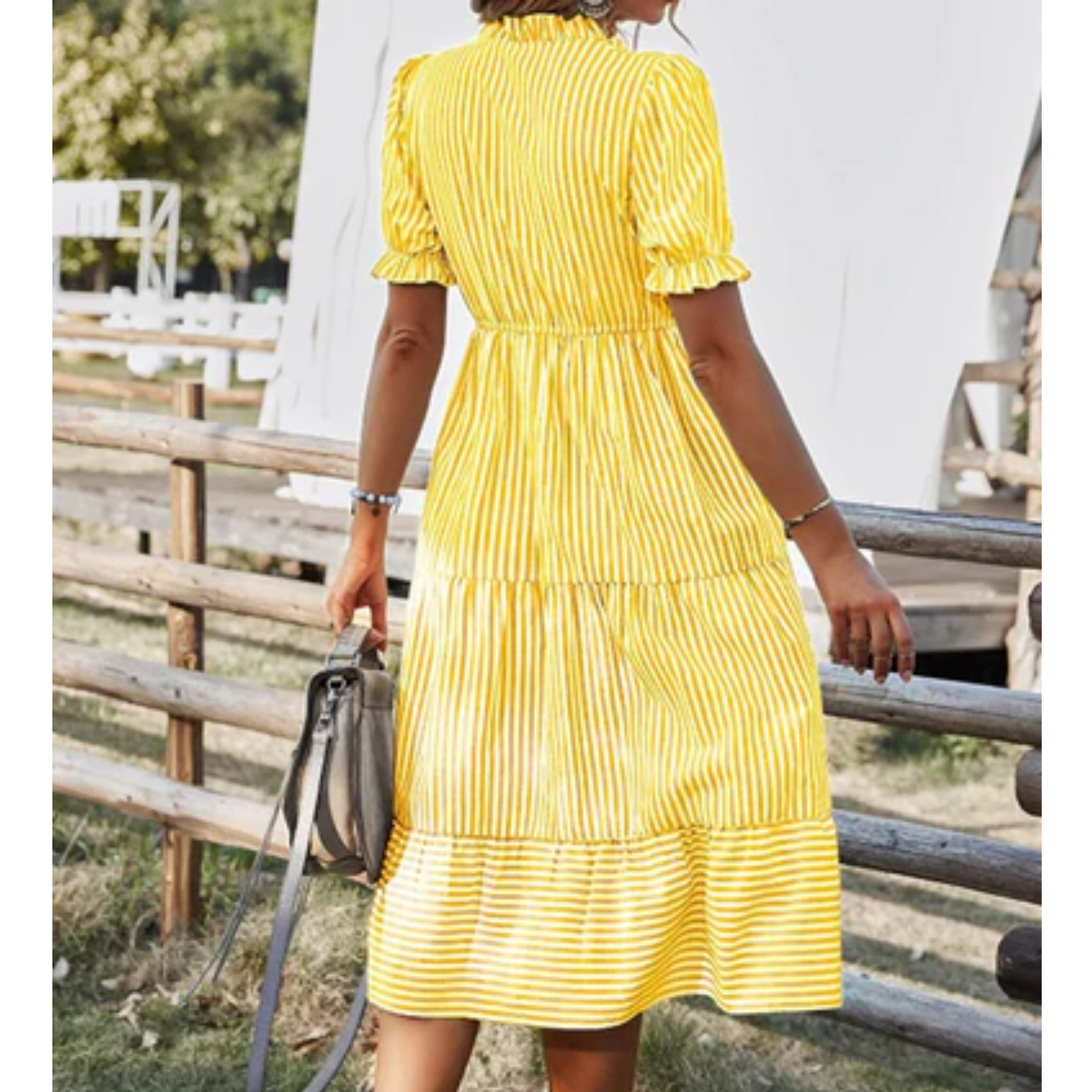 Women's Midi Dress - V-Neck Button Down - Puff Sleeve Tiered Flared Skirt - Tassel Waist