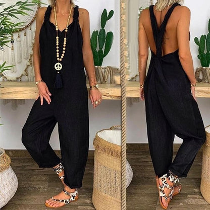 Women’s Jumpsuit – Relaxed Fit – Breathable Blend – Knotted Straps – Open Back Design