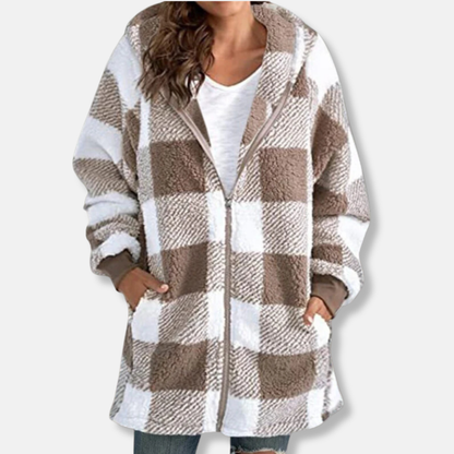 Sienna Oversized Hooded Jacket | Check Print Thigh-Length Jacket