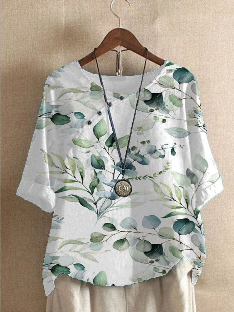 Women’s Blouse – Relaxed Fit – Floral Print – Mid Sleeve – Round Neck – Cotton Feel