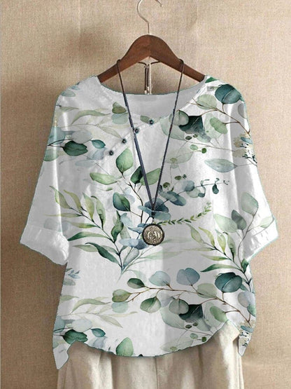Women’s Blouse – Relaxed Fit – Floral Print – Mid Sleeve – Round Neck – Cotton Feel