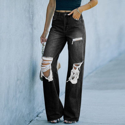 Women’s Jeans – High Waist – Wide Leg – Distressed Ripped – Denim – Casual Fit