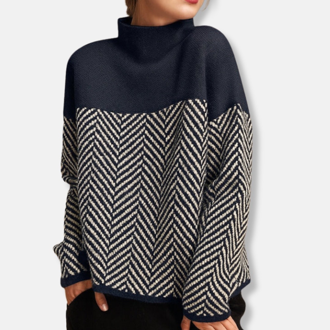 Isla Chevron Turtleneck Sweater | Relaxed Fit Ribbed Trim Sweater
