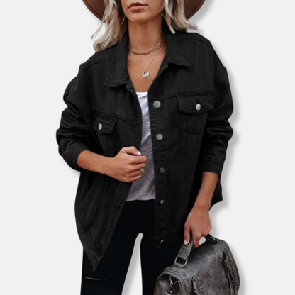 Women’s Denim Jacket – Oversized Fit – Pointed Lapel – Button Front – Utility Pockets