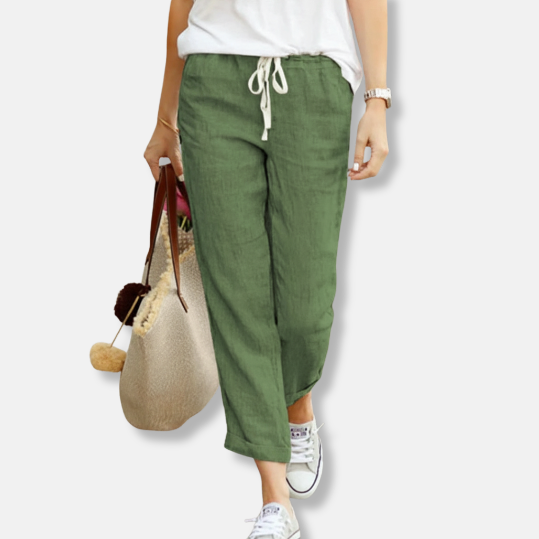 Women’s Trousers – Linen – Relaxed Fit – Drawstring Waist – Full Length Casual Wear