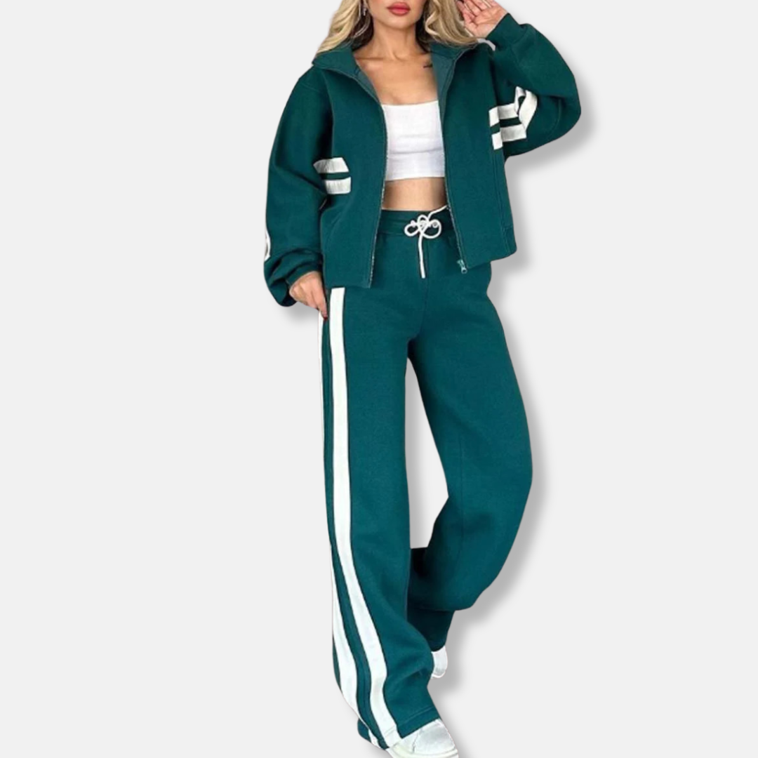 Women’s Jacket Set – Relaxed Fit – Cotton Blend – Striped Sleeve – Athleisure Wear