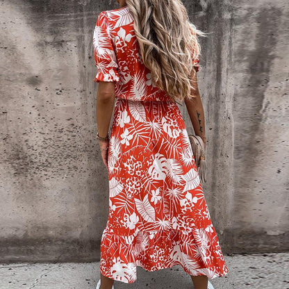 Women's Midi Dress - V-Neck - Short Puff Sleeves - Fitted Waist - Side Slit