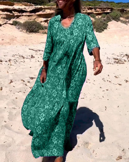 Women’s Maxi Dress – Boho Print – V-Neck – Loose Fit – Elbow Sleeve – Breathable Fabric