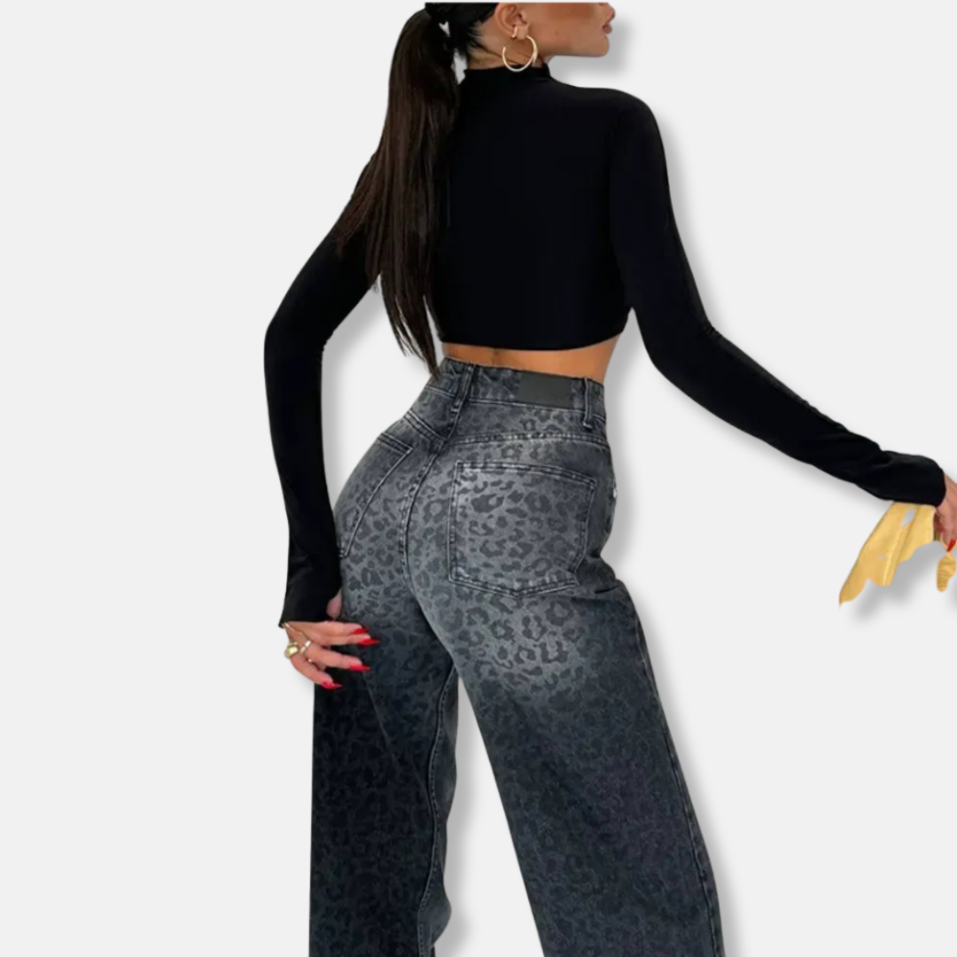 Women’s Jeans – High Waist – Relaxed Fit – Wide Leg – Animal Embossed – Raw Hem