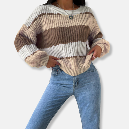 Francesca Cotton Blend Oversized Knit Sweater | Striped Crewneck Sweater