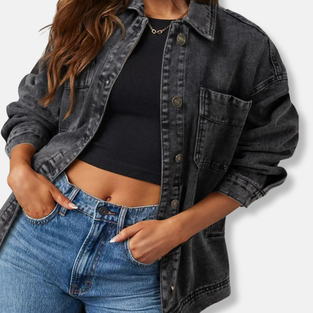 Women’s Denim Jacket – Oversized Boyfriend Fit – Chest Pockets – Button Front