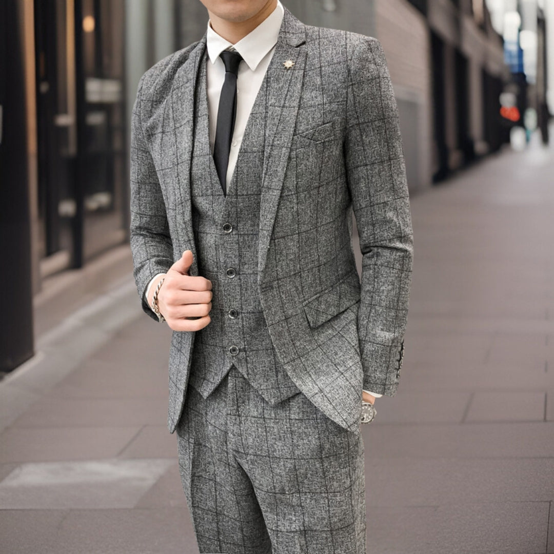Men’s 3-Piece Suit – Slim Fit – Grid Pattern – Wool Look – Formal Business Wear