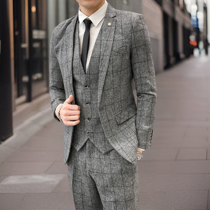 Men’s 3-Piece Suit – Slim Fit – Grid Pattern – Wool Look – Formal Business Wear