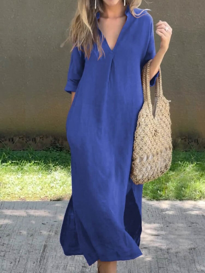 Women’s Maxi Dress – Relaxed Fit – V-Neck – Breathable Blend – 3/4 Sleeve – Side Slits