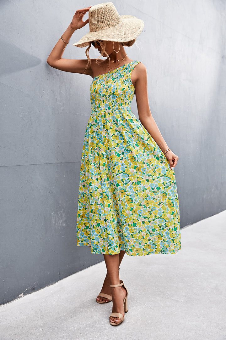 Women's Strapless Sundress - Smocked Bodice - Floral Print Midi A-Line Dress