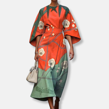Women’s Midi Dress – Structured A-Line Fit – Kimono Sleeves – Floral Print