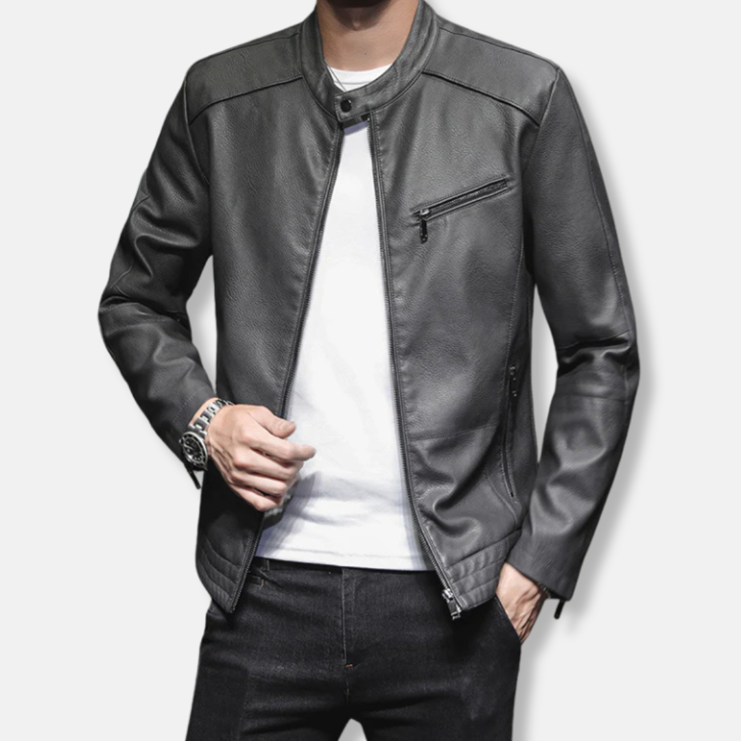 Men’s Biker Jacket – Slim Fit – Stand Collar – Zippered Pockets – Waist Length Design