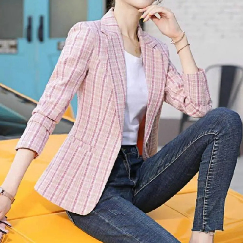 Women’s Blazer – Tailored Fit – Textured Woven – Single Button – Checkered Pattern