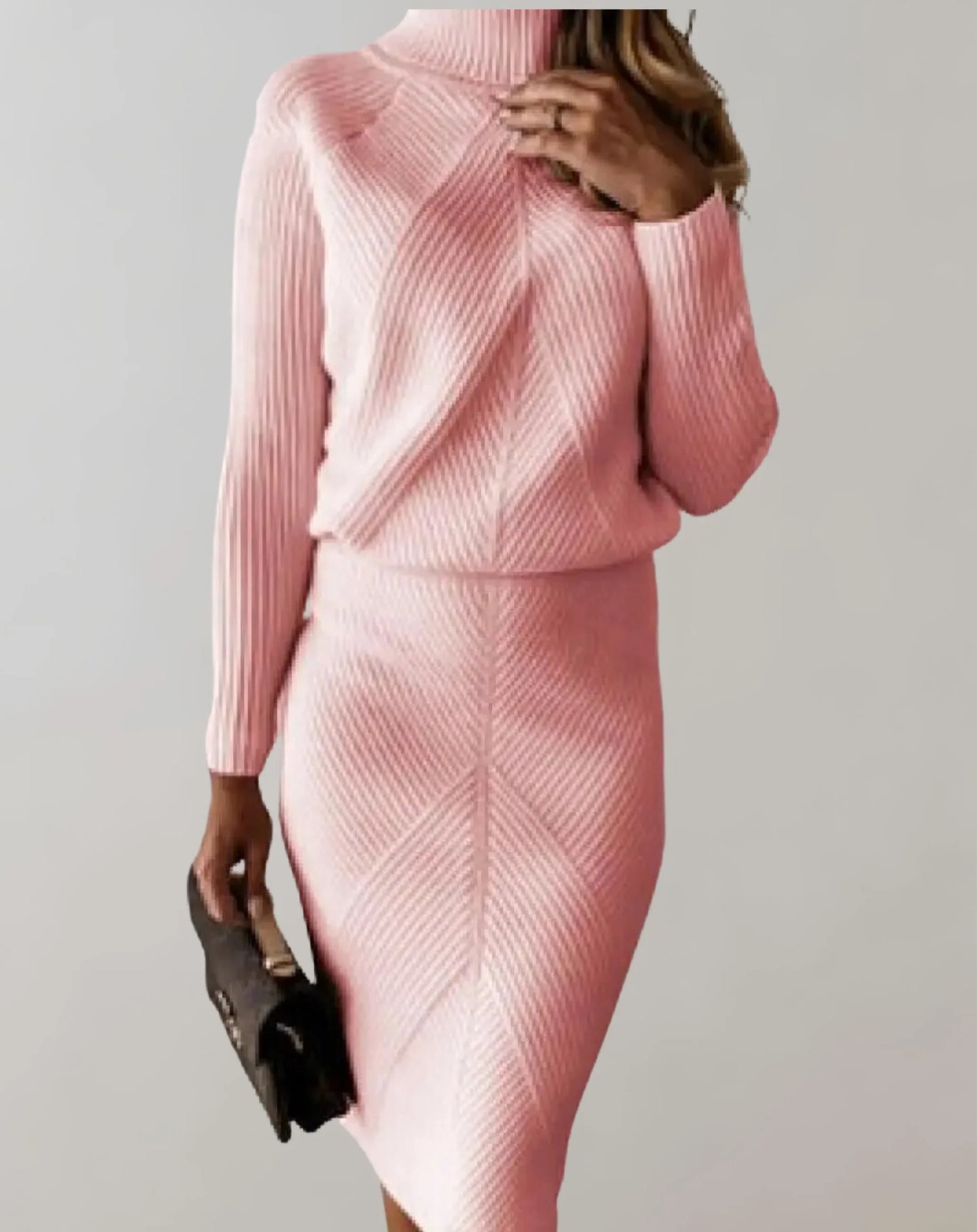Women’s Two-Piece Set – Ribbed Knit Slim Fit – Turtleneck Top and Midi Skirt