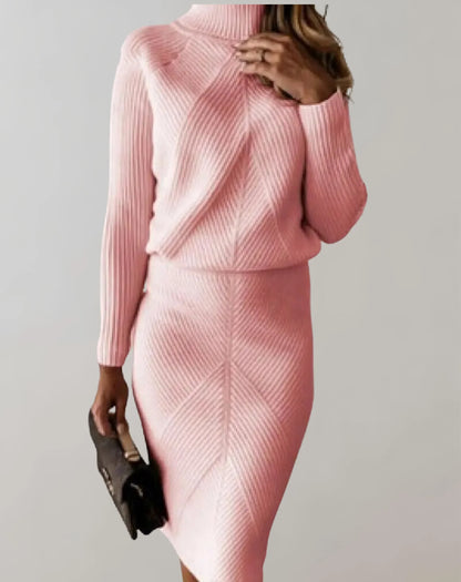 Women’s Two-Piece Set – Ribbed Knit Slim Fit – Turtleneck Top and Midi Skirt