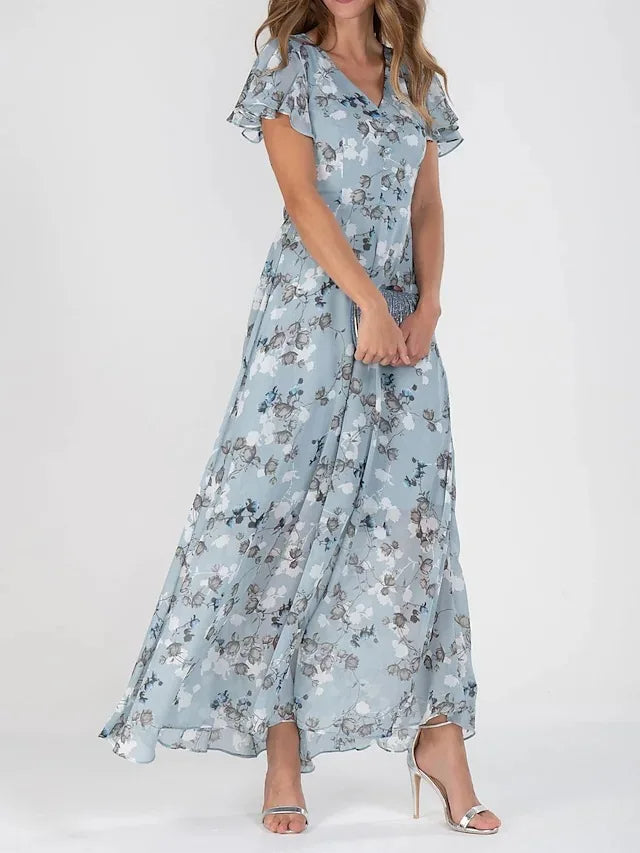 Women's Maxi Dress - Floral Print - Short Flutter Sleeve - V-Neck Flowy Elegant Fit