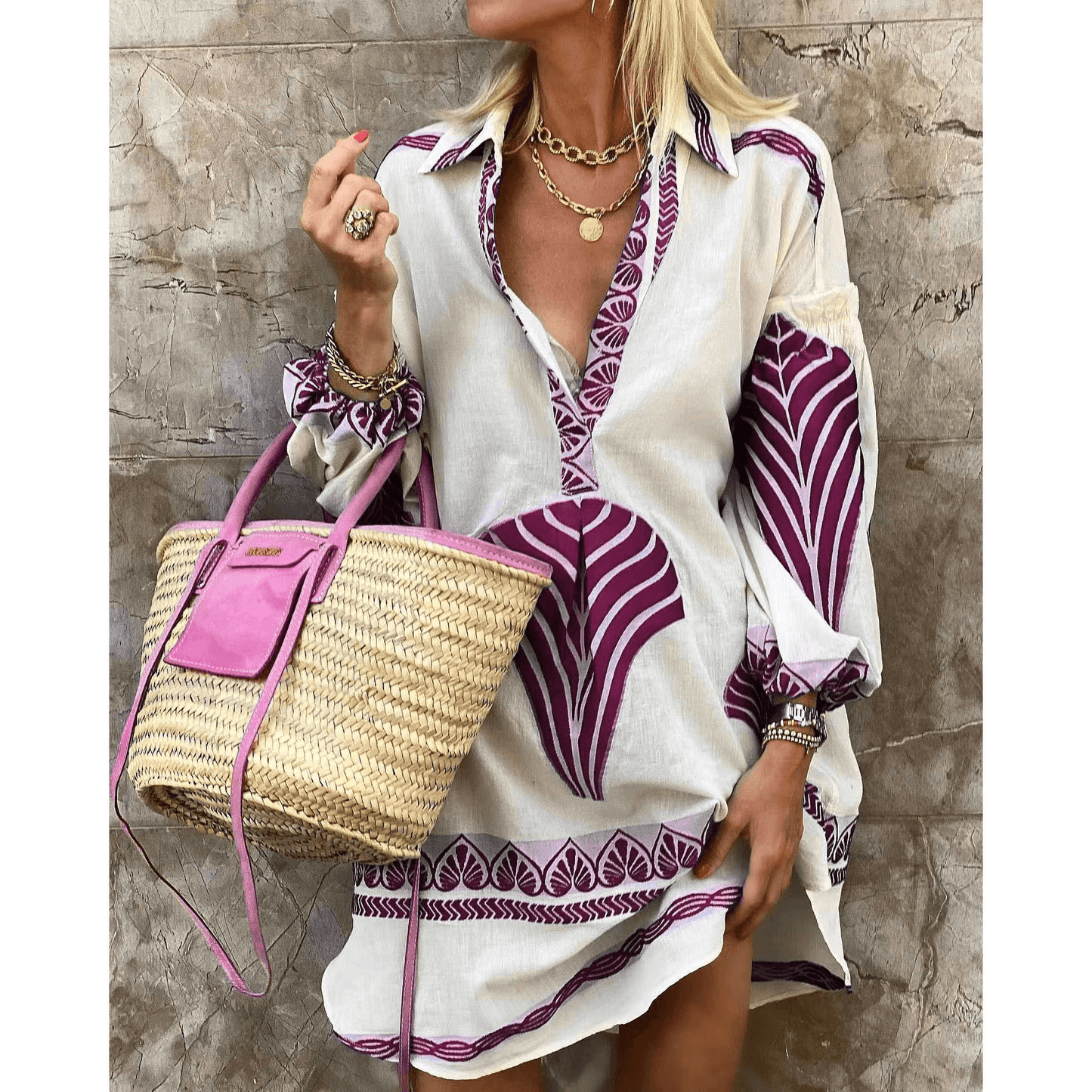 Women's Tunic Dress - Boho Chic - V-Neck - Long Sleeve - Lightweight & Relaxed Fit