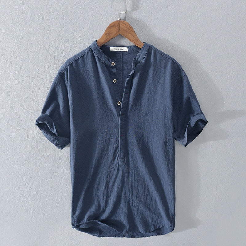 Men’s Short Sleeve Shirt – Relaxed Fit – Mandarin Collar – Natural Fibers – Casual Wear