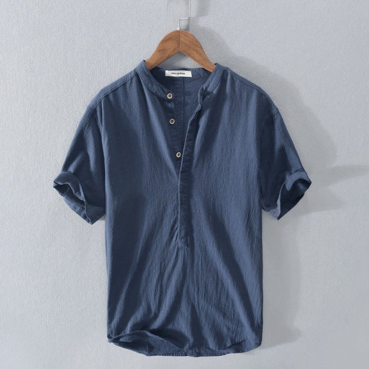 Men’s Short Sleeve Shirt – Relaxed Fit – Mandarin Collar – Natural Fibers – Casual Wear