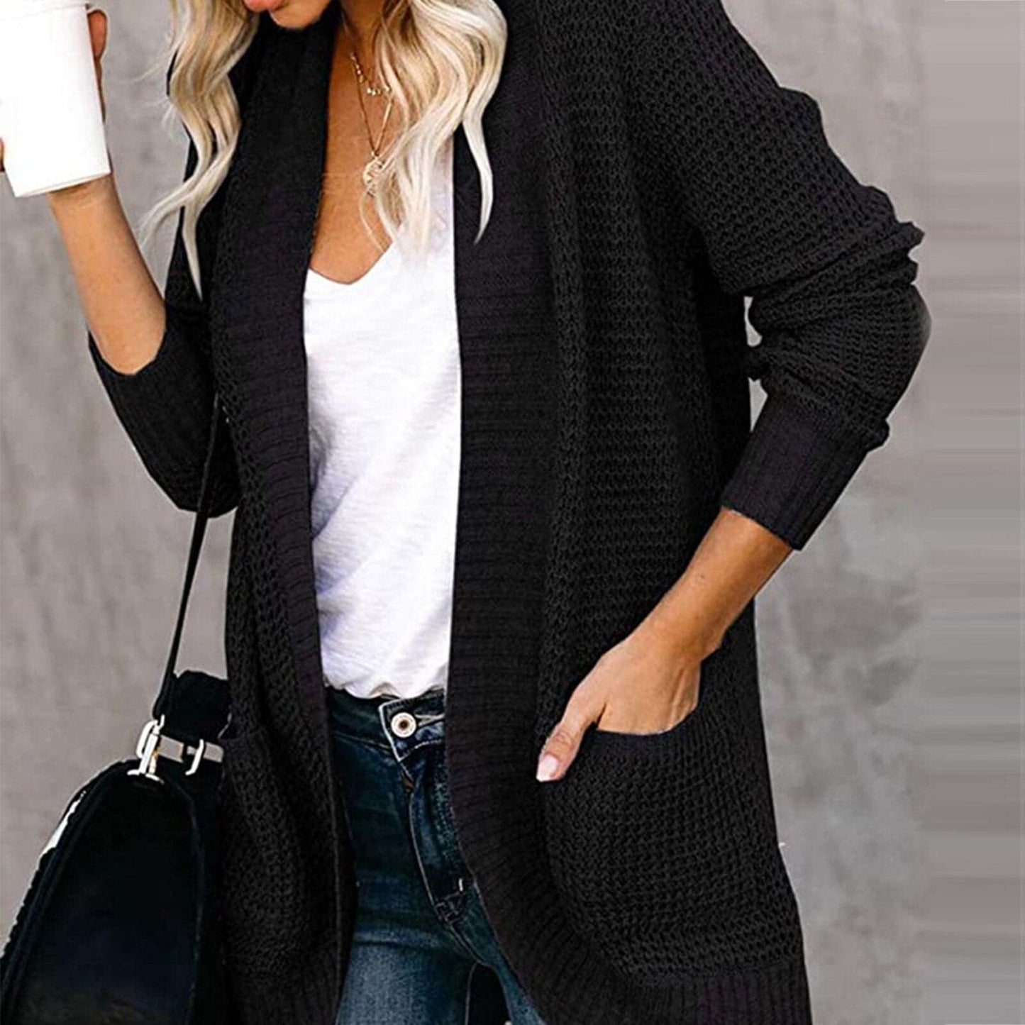 Women’s Cardigan – Soft Knit – Relaxed Fit – Open Front – Long Sleeve – Front Pockets