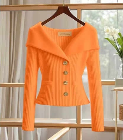 Women’s Short Cardigan – Fitted Knit – Ribbed Texture – Wide Collar – Gold Buttons