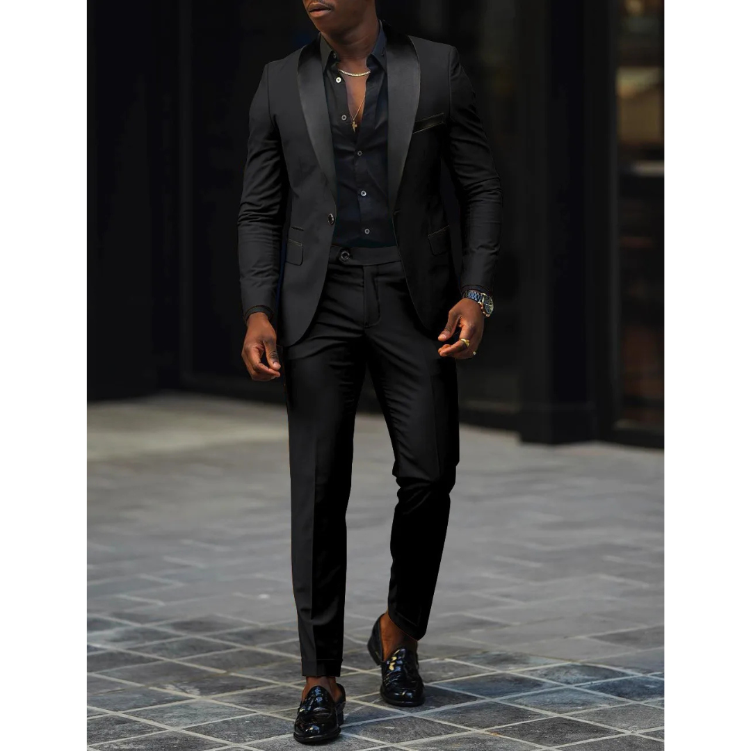 Men’s Slim Fit Suit – Satin Shawl Lapel – Tailored Blazer and Trousers Set