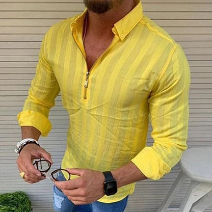 Men’s Long-Sleeve Zip-Up Shirt - Slim Fit - Striped Pattern - Collared Casual Wear