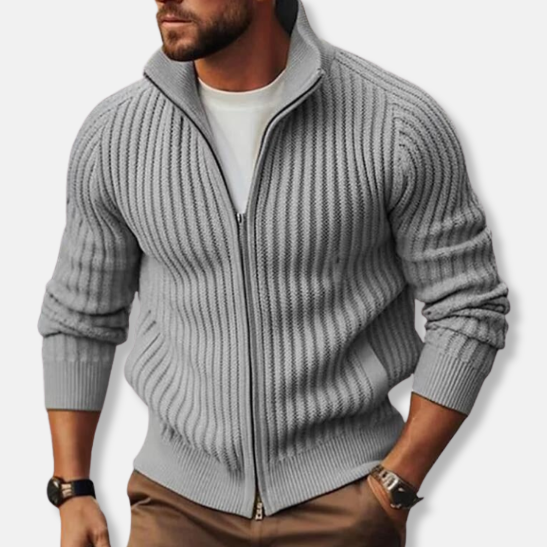 Rocco Stand Collar Ribbed Cardigan Sweater | Full Zip Pockets Sweater