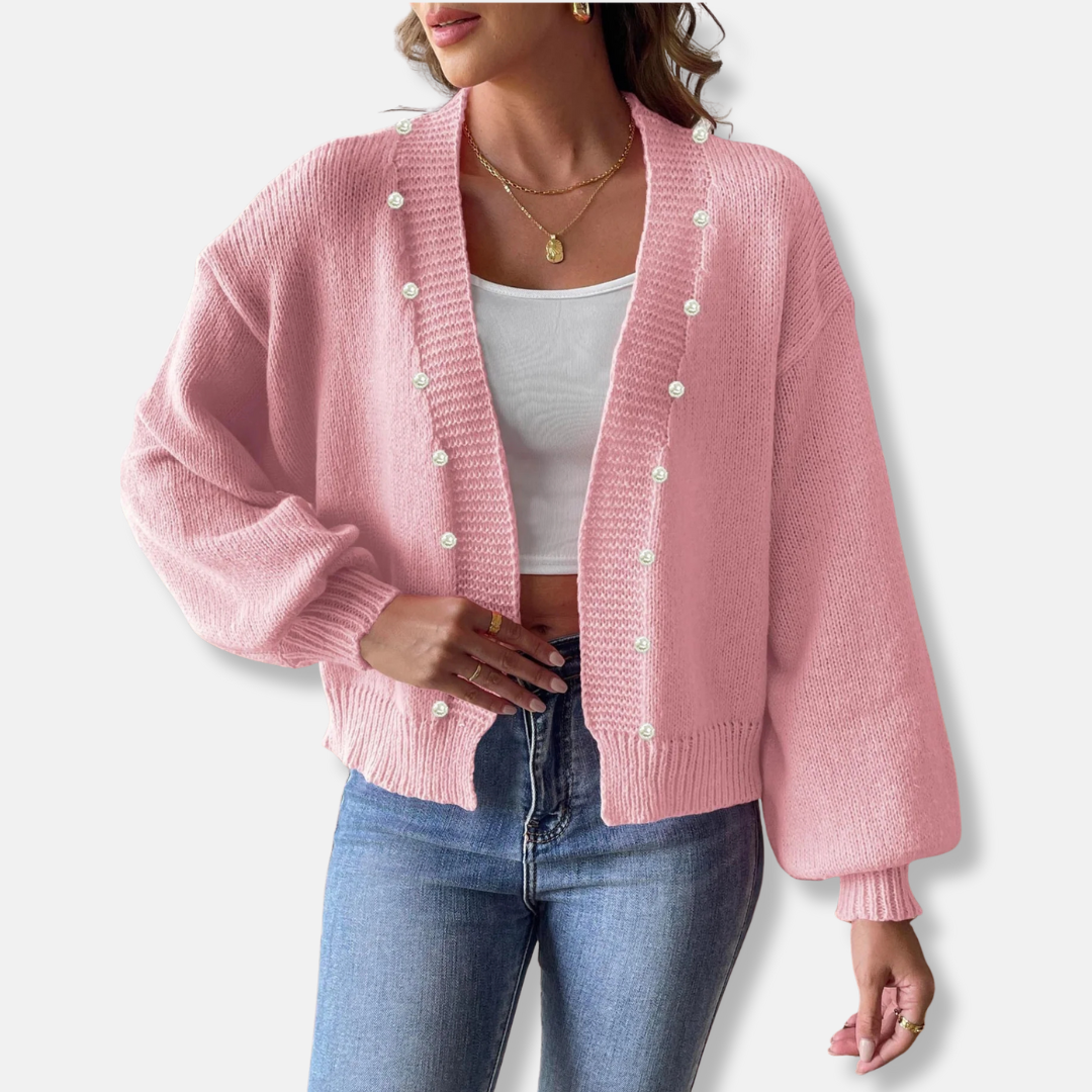 Women’s Cardigan – Cropped Knit Fit – Pearl Beaded Open Front – Balloon Sleeves