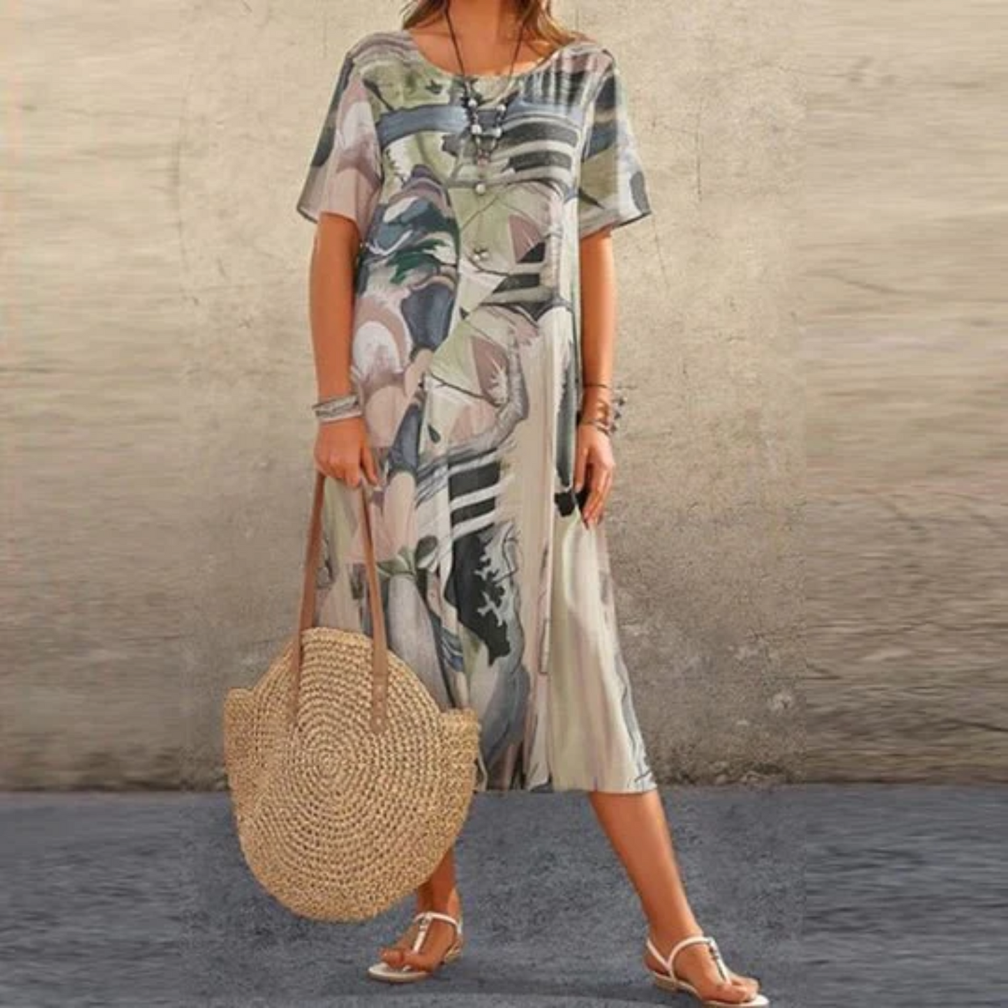 Women's Midi Dress - Flowy Fit - Short Sleeve - Round Neck - Abstract Floral Print