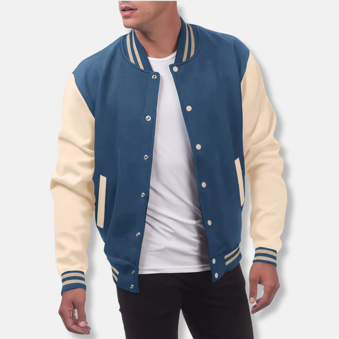 Henry Wool Varsity Jacket | Contrasting Sleeves Hip-Length Jacket