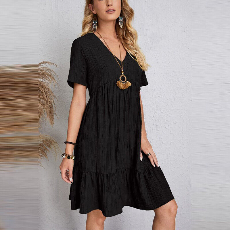 Women's A-Line Dress - Lightweight Breathable Fabric - V-Neck Short Sleeve Relaxed Fit