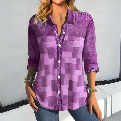 Women’s Blouse – Relaxed Fit – Button Down – Patchwork Design – Cotton Blend – 3/4 Sleeve