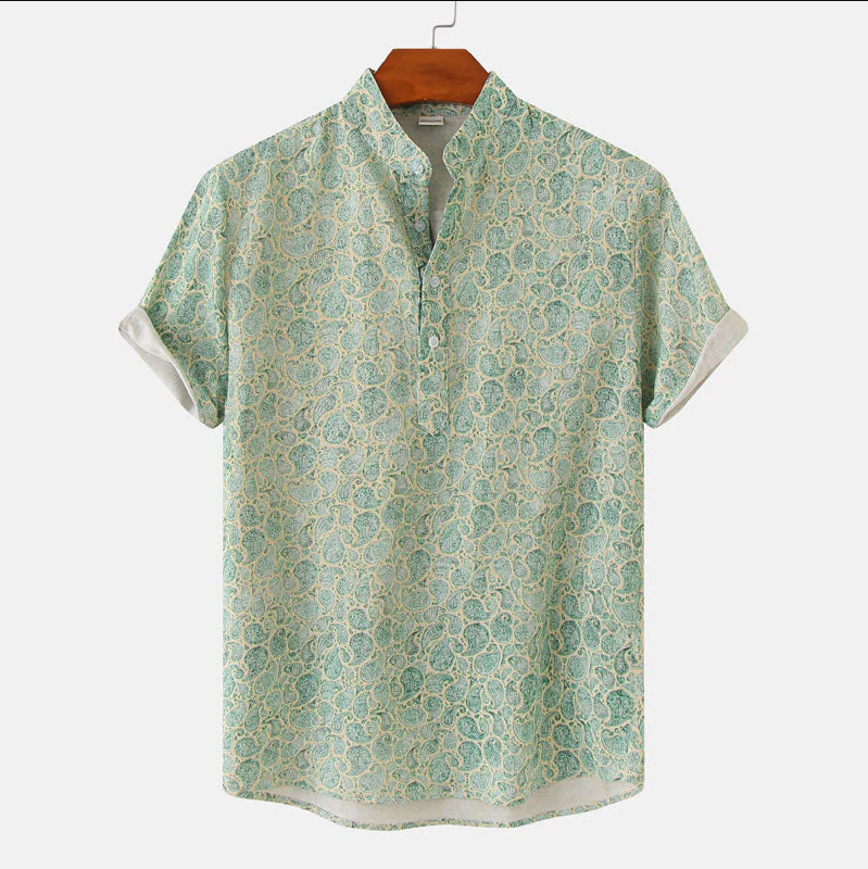 Men’s Short Sleeve Shirt – Relaxed Fit – Breathable Blend – Mandarin Collar – Floral Print