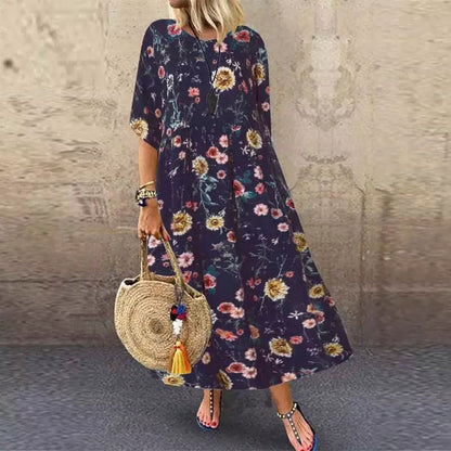 Women’s Long Dress – A-Line Fit – Floral Print – Mid Sleeve – Breathable Blend