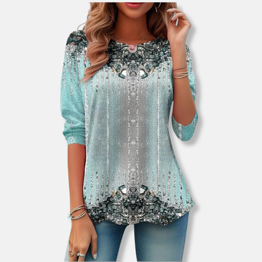 Women’s Top – Relaxed Fit – Lightweight Knit – Printed Detail – Three-Quarter Sleeve