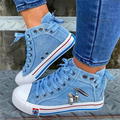 Women’s High-Top Sneakers – Denim Texture – Lace-Up – Side Zip – Casual Everyday Wear