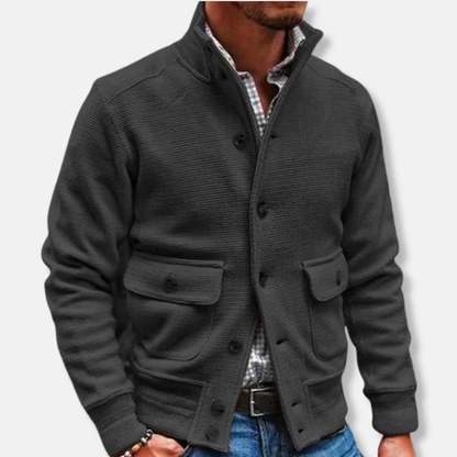 Men’s Jacket – Slim Fit – High Collar – Soft Textured Fabric – Button Front – Flap Pockets