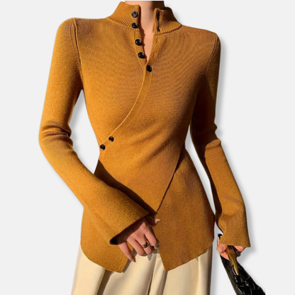 Women’s Knit Top – Slim Fit – High Neck – Long Sleeve – Asymmetric Hem – Button Detail